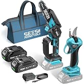 SEESII 2-in-1 Mini Chainsaw &amp; Pruning Shears Combo, Brushless Motor | 6 Inch Cordless Chain Saw, 1.2" Electric Pruner with 2&times;2000mAh Batteries, for Tree Cutter, Pruning Scissors for Gardening