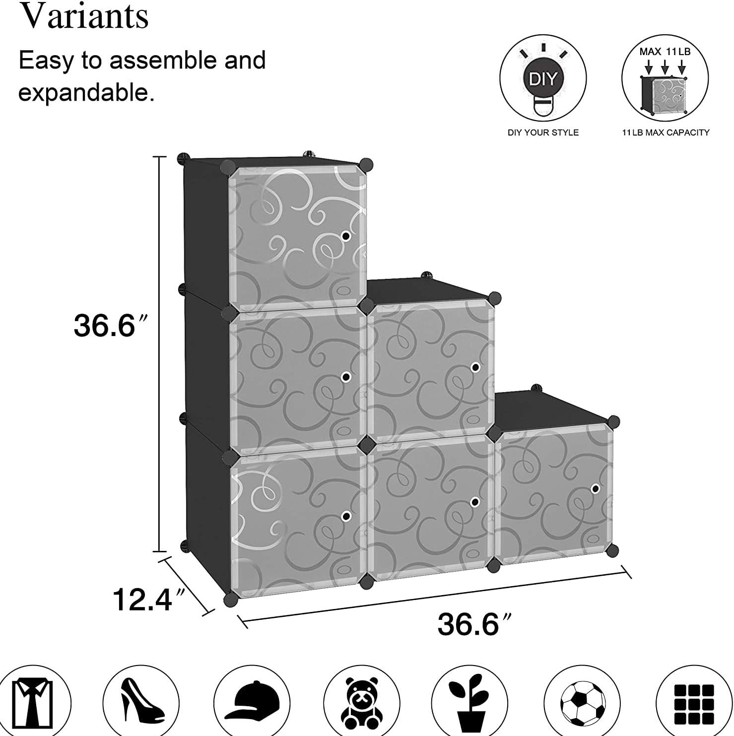 C&AHOME Cube Storage Organizer, 6-Cube Shelves Units, Closet Cabinet, DIY Plastic Modular Book Shelf with Doors, Ideal for Bedroom, Living Room, Office, 36.6" L x 12.4" W x 36.6" H Black: Furniture & Decor