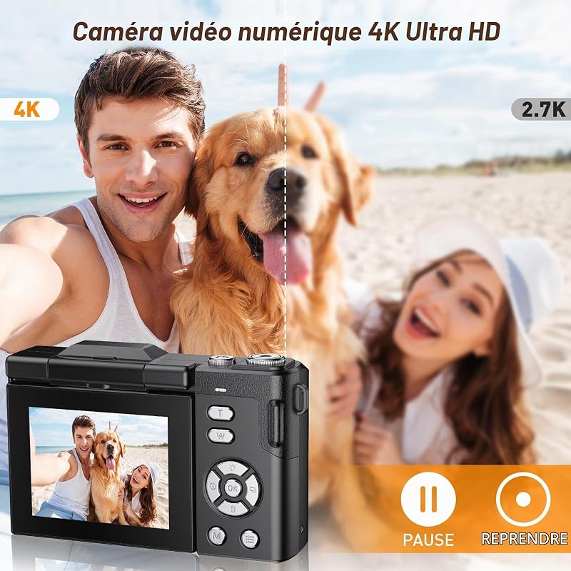4K Appareil Photo Numérique 48MP Autofocus Compact Caméra avec 2.8'' Écran Rabattable 180° Digital Camera Zoom Numérique 16X avec Carte 32GB pour Adolescents Débutants Adulte (Noir) — photo 3 sur 7
