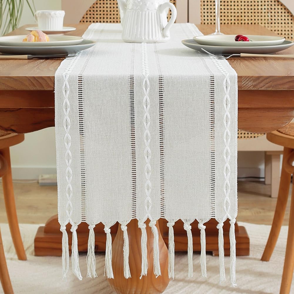 meioro Rustic Table Runner with Tassels, 33x143cm Farmhouse Boho Table Runners Braided Striped, Linen Polyester Table Decoration for Dining Party Holiday and Wedding (Ivory)