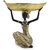 Lescafita African Woman Sculpture with Gold Leaf Bowl, Handmade Resin Figurine, Exotic Tribal Art Statue for Living Room, Dining Table, or Entryway Decoration
