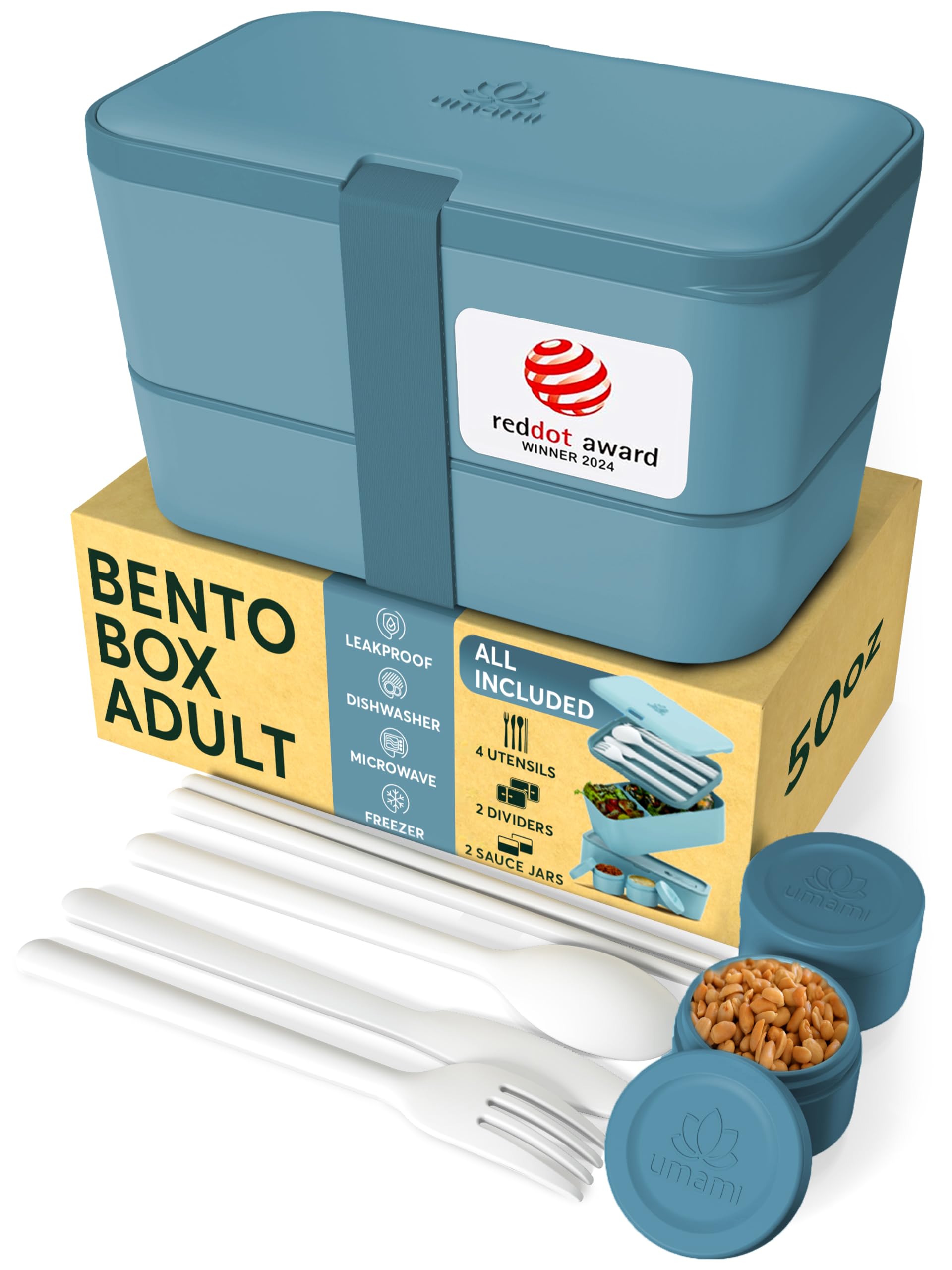 Umami Lunch Box Containers w/ 4 Utensils, Sauce Jar, Nestable Space-Saving Bento Box Adult, 100% Leakproof, Microwavable Lunch Containers for Adults, Design Award Winner