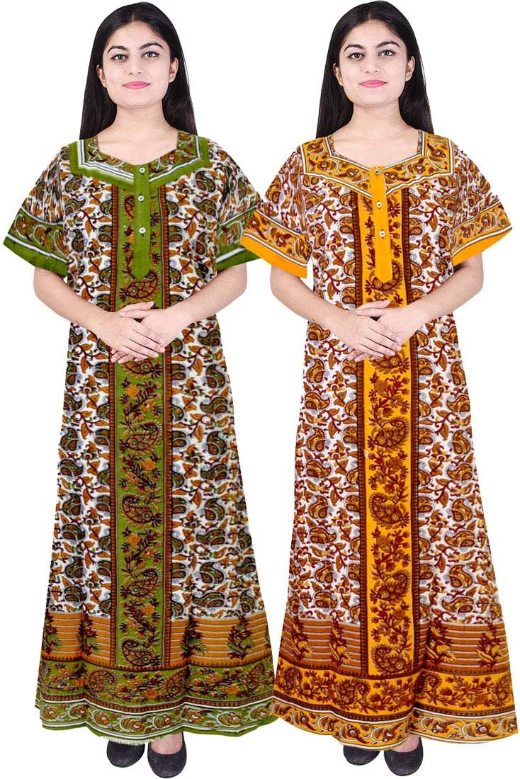 Silver Organisation Women's Indian Cotton Paisely Floral Printed Kaftan Dress (Combo of 2 Pcs)