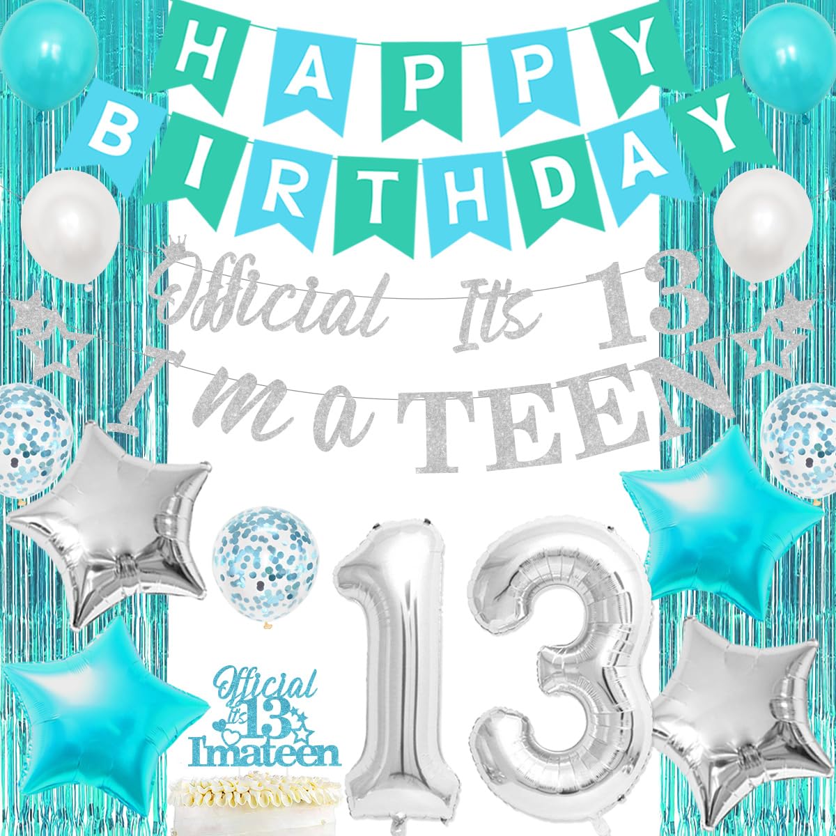 JOYMEMO 13th Birthday Decoration for Girls Teal with Official It's 13 I'm a TEEN Party Banner Cake Topper Teal Fringe Curtains Number 13 Foil Balloons Happy 13th Birthday Party Supplies