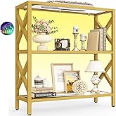 Homieasy Bookshelf Bookcase 3 Tier with Tempered Glass Shelf, Gold Display Shelf with Led Light for Collectibles, Heavy Duty Metal Frame Storage Rack, Modern Tall Bookshelf Living Room Office, Gold