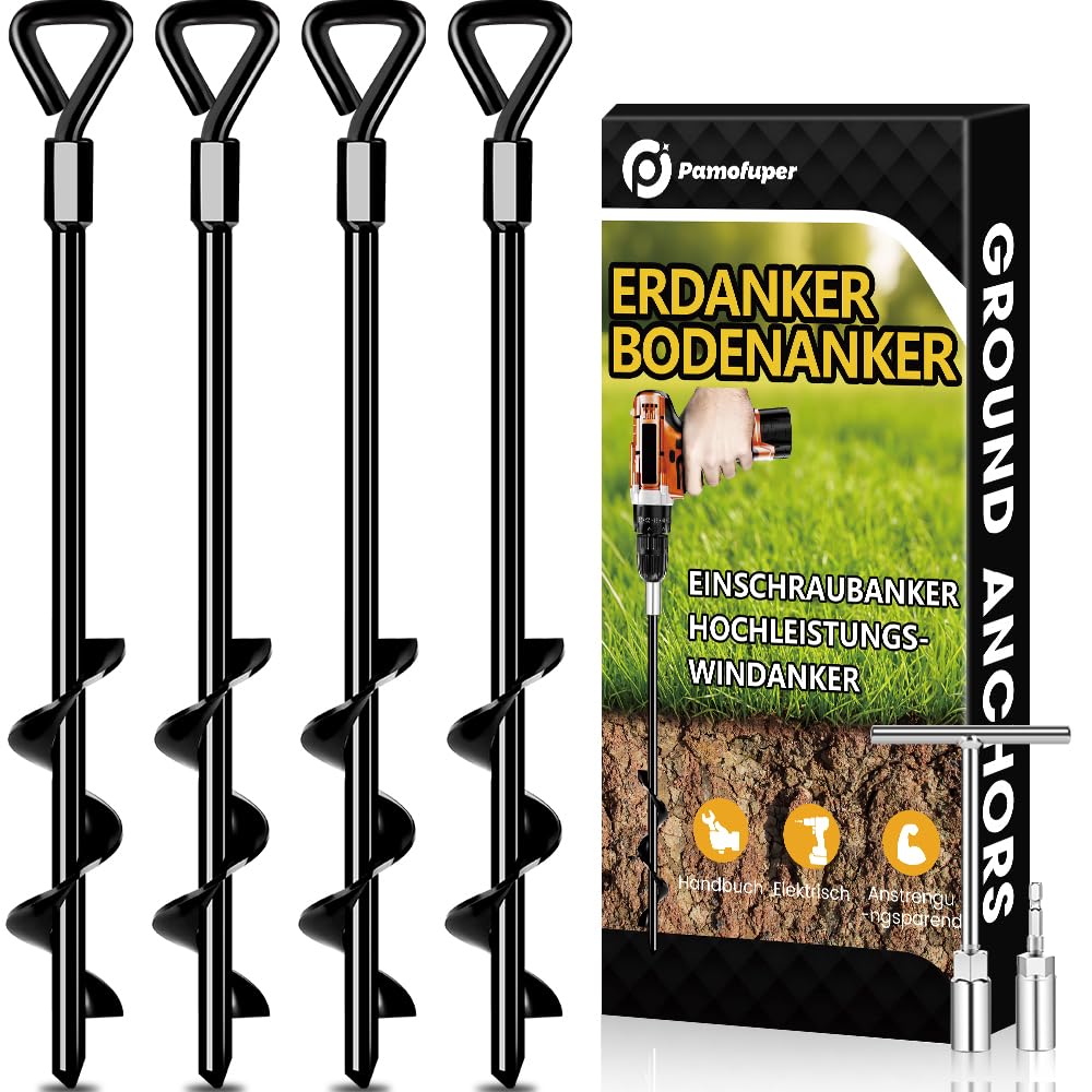 Ground Anchors Screw in Tent Pegs Heavy Duty Trampoline Stakes High Winds, Ground Anchors for Camping Tent, Canopies, Carports, Sheds, Swing Sets, Canopy Stakes Kit, Mobile Home Anchors (4)