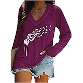 Dandelion Graphic Long Sleeve V Neck Tees Shirts for Women Casual Loose Fitted Tshirt Teen Girls Cute Sunflower Tee Tops(Dandelion Purple,Small)