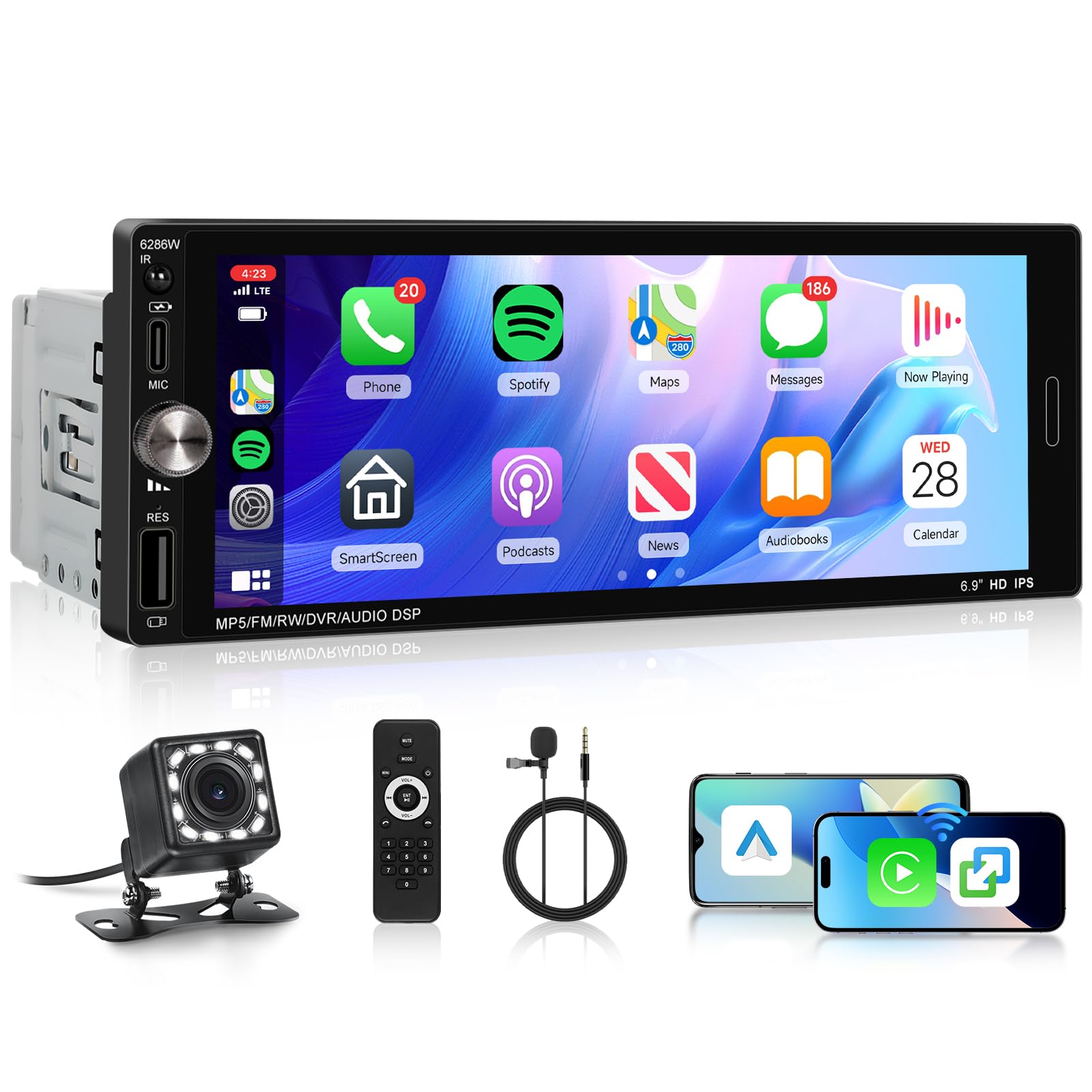 Photo 1 of Single Din Car Stereo with Wireless CarPlay/Android Auto/Mirror Link, Driauto Car Radio Bluetooth Handsfree Headunit 6.9 Inch IPS Touch Screen 1 Din FM Type-C USB Charging EQ SWC with Reverse Camera