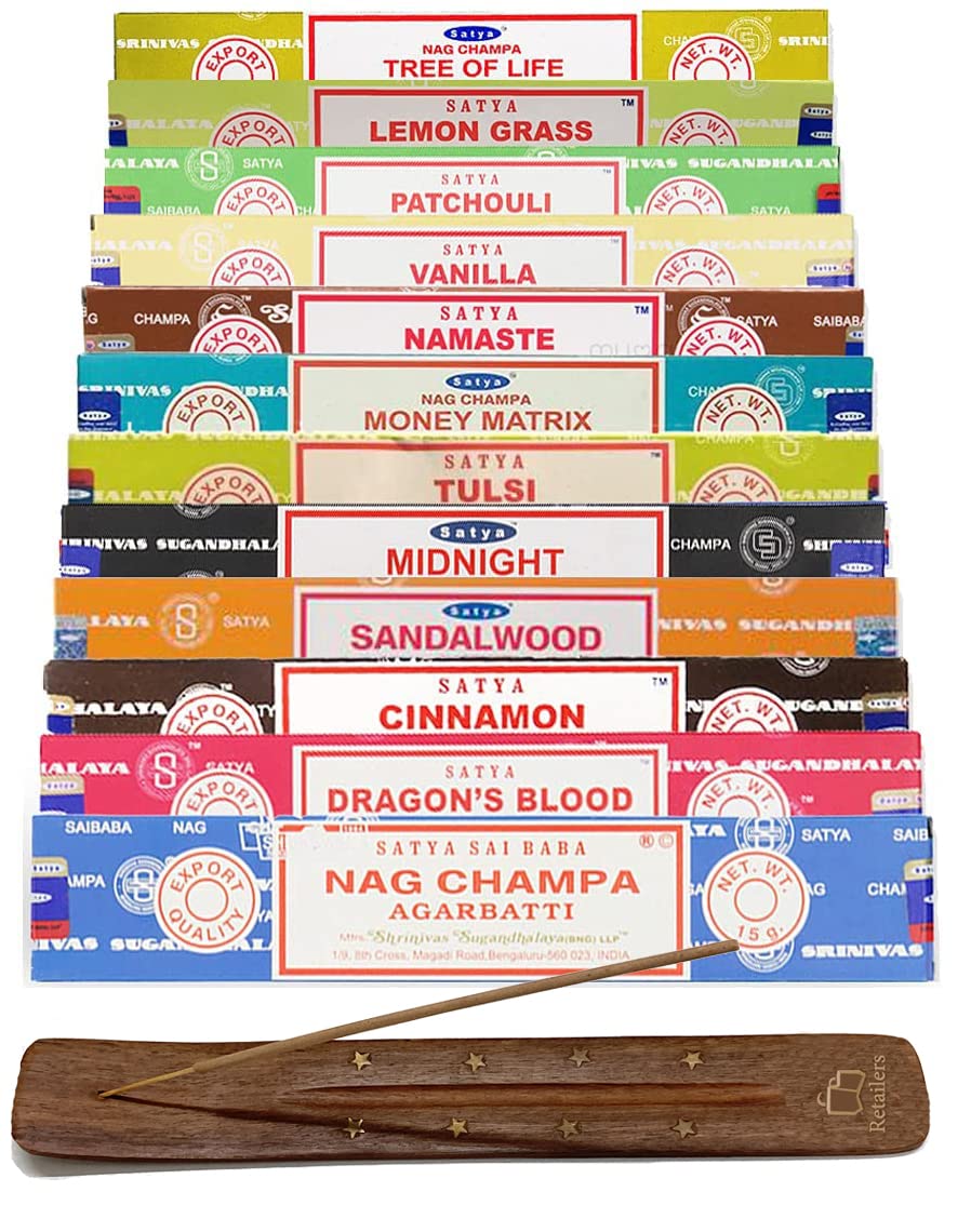 Retailers Satya Assorted 12 Pack Incense Sticks Tree of Life, Lemon Grass, Patchouli, Vanilla, Money Matrix, Tulsi, Midnight, Nag Champa Incense Stick Holder
