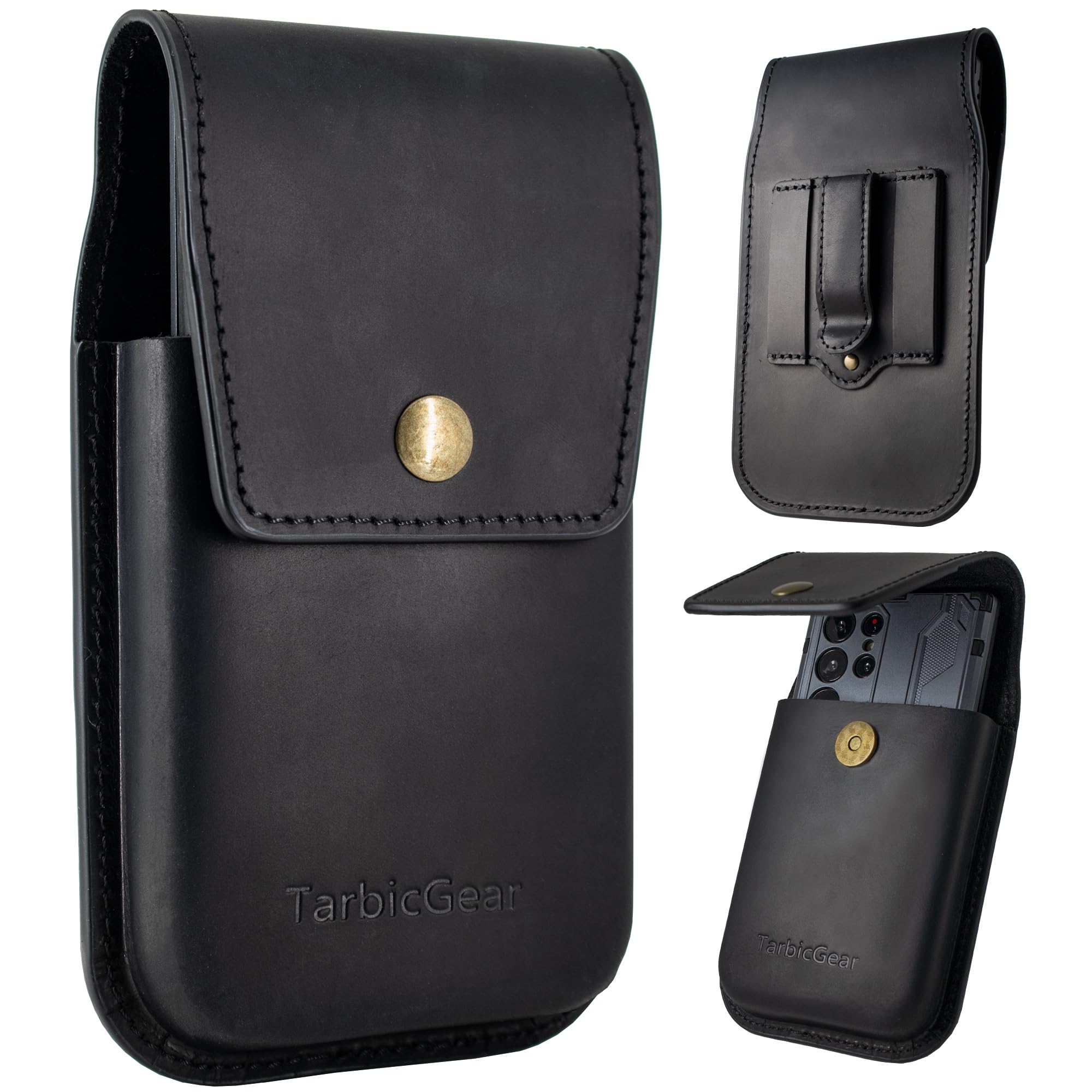 Photo 1 of TarbicGear Leather Cell Phone Holster for Men, Universal Leather Phone Case Waist, iPhone 16 Pro Max Belt Holder, S23 Ultra Belt Clip Pouch, Phone Case for Work, Black