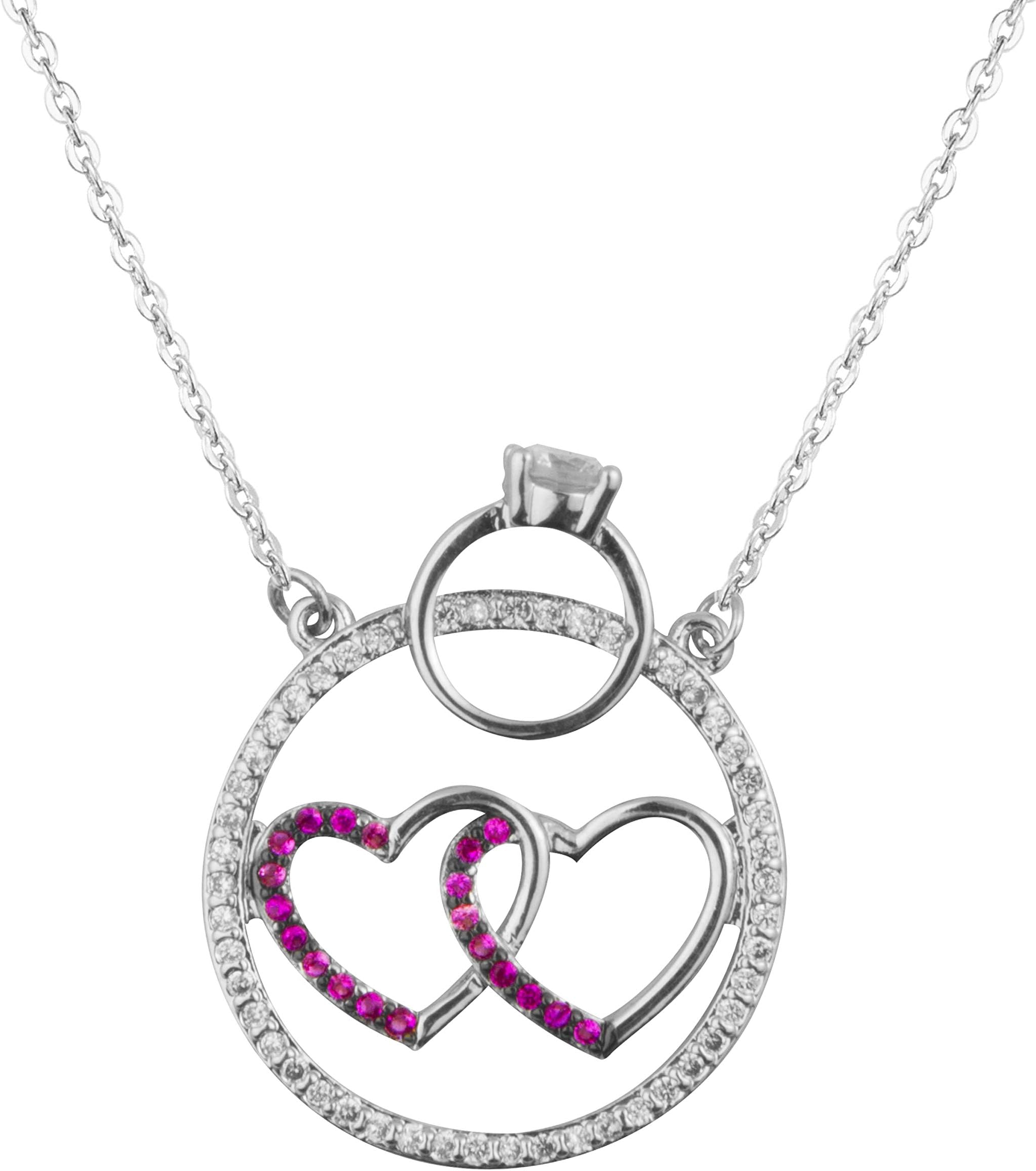 MOONDUSTSterling Silver Plated Valentine Romantic Double Heart Pendant Necklace for Girls, Teens & Women (MD_2027), Pink