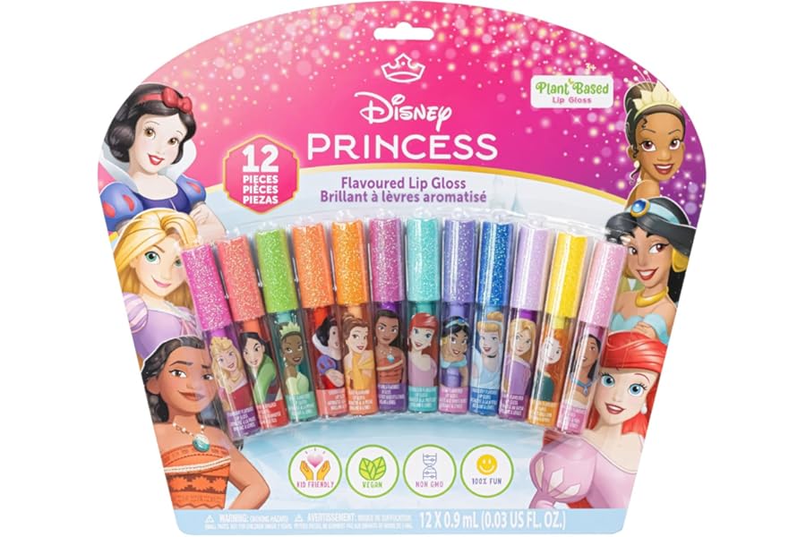 Disney Princess 12 Piece Plant Based Lip Gloss, Girls Party Favors, First Makeup Set for Girl, Perfect for Parties, Sleepovers, and Birthday Gifts, Ages 3+, by Townley Girl