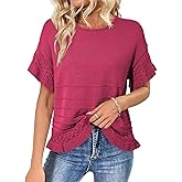 Dokotoo Women’s Short Sleeve Sweaters Oversized Summer Casual Ruffled Hem Knit Pullover Tops Cute Solid Color Crochet Blouses