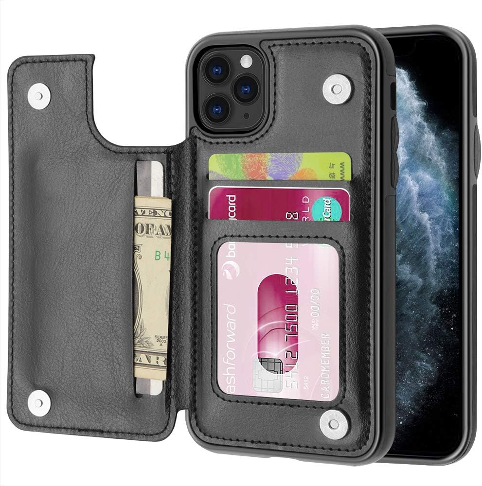 MMHUO Wallet Case for iPhone 11 Pro, Durable PU Leather iPhone 11 Pro Case with Credit Card Holders Double Magnetic Snaps Flip Folio Anti-Scratch Protective Case for iPhone 11 Pro (2019) - Black