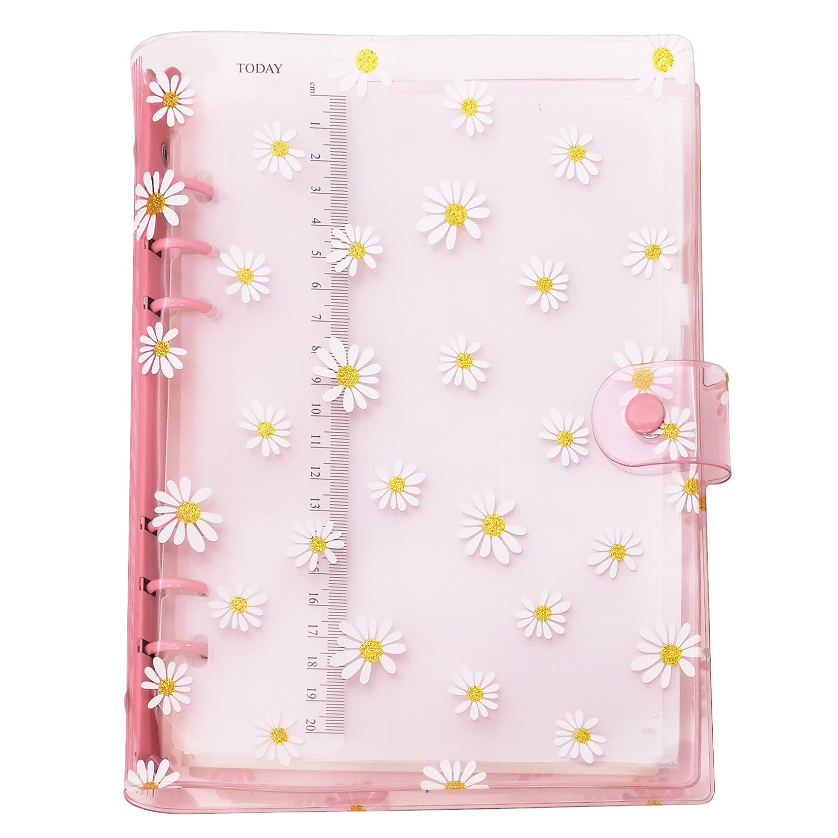 A6 A5 6-Holes Colorful PVC Cover Round Ring View Binder with Snap Button Closure File Folder (Pink Daisy, A5 Combo)