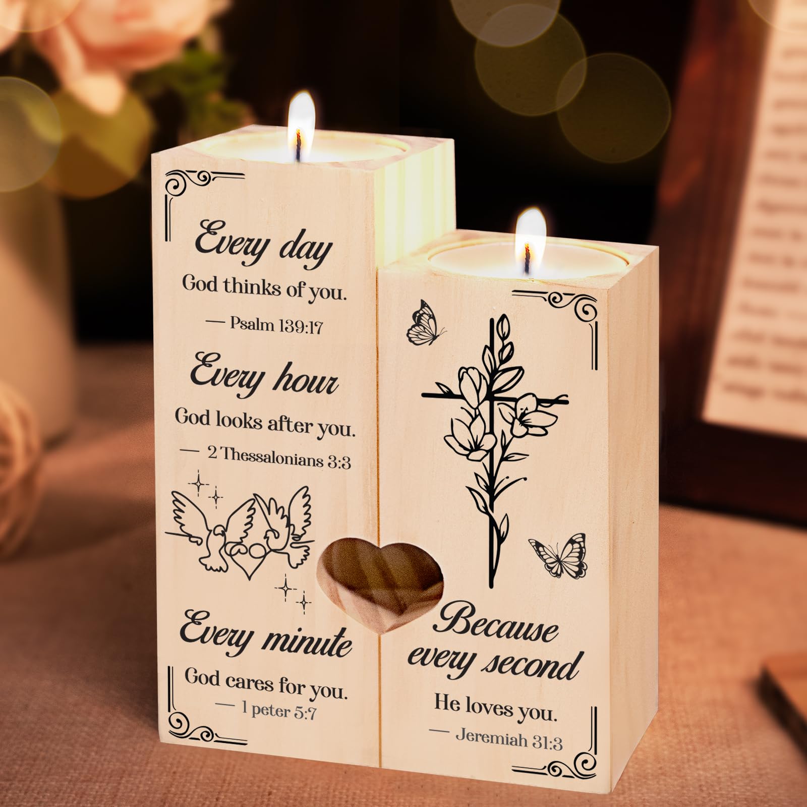 Christian Gifts - Christ Candlestick - Inspirational Religious Gifts for Women & Men - Heart-Shaped Candle Desk Decoration - Baptism & Catholic Gift