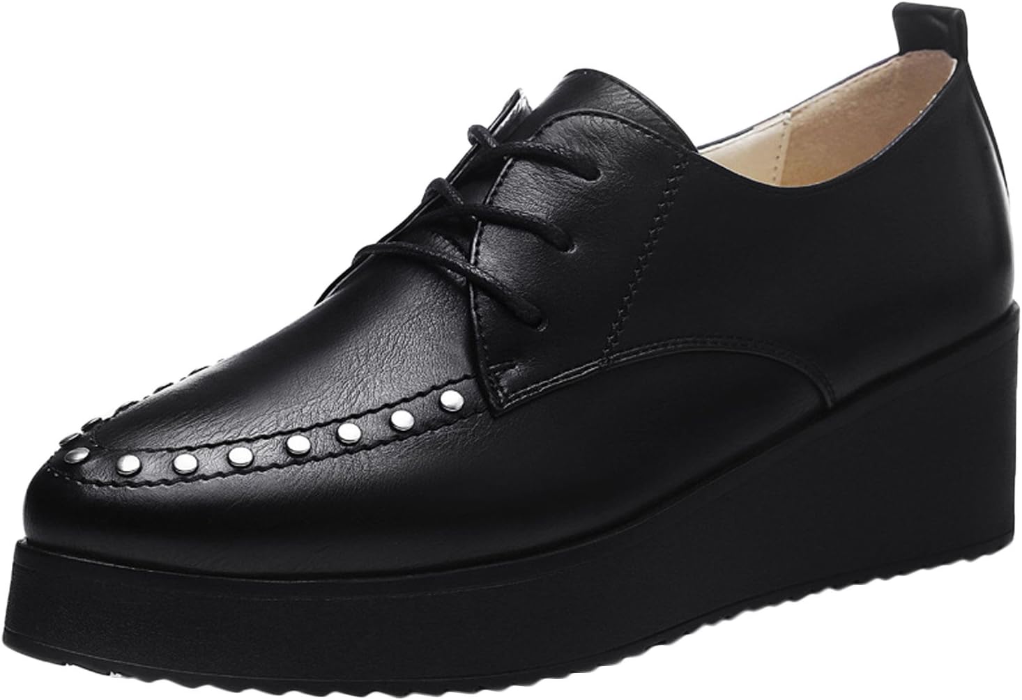 Passionow Christmas Womens Platform Wedge Pointed Toe Studded Lace-up Pumps