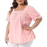 Agnes Orinda Women's Plus Size Summer Top Casual Square Neck Ruffle Sleeve Pleated Front Hollow Tops Blouse