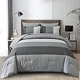 WONGS BEDDING Grey Comforter Set King, Reversible Grey Striped Down Alternative Comforter for King Bed,3 Pieces (1 Comforter+2 Pillowcases), Boho Soft Microfiber Bedding Set 104"×90"