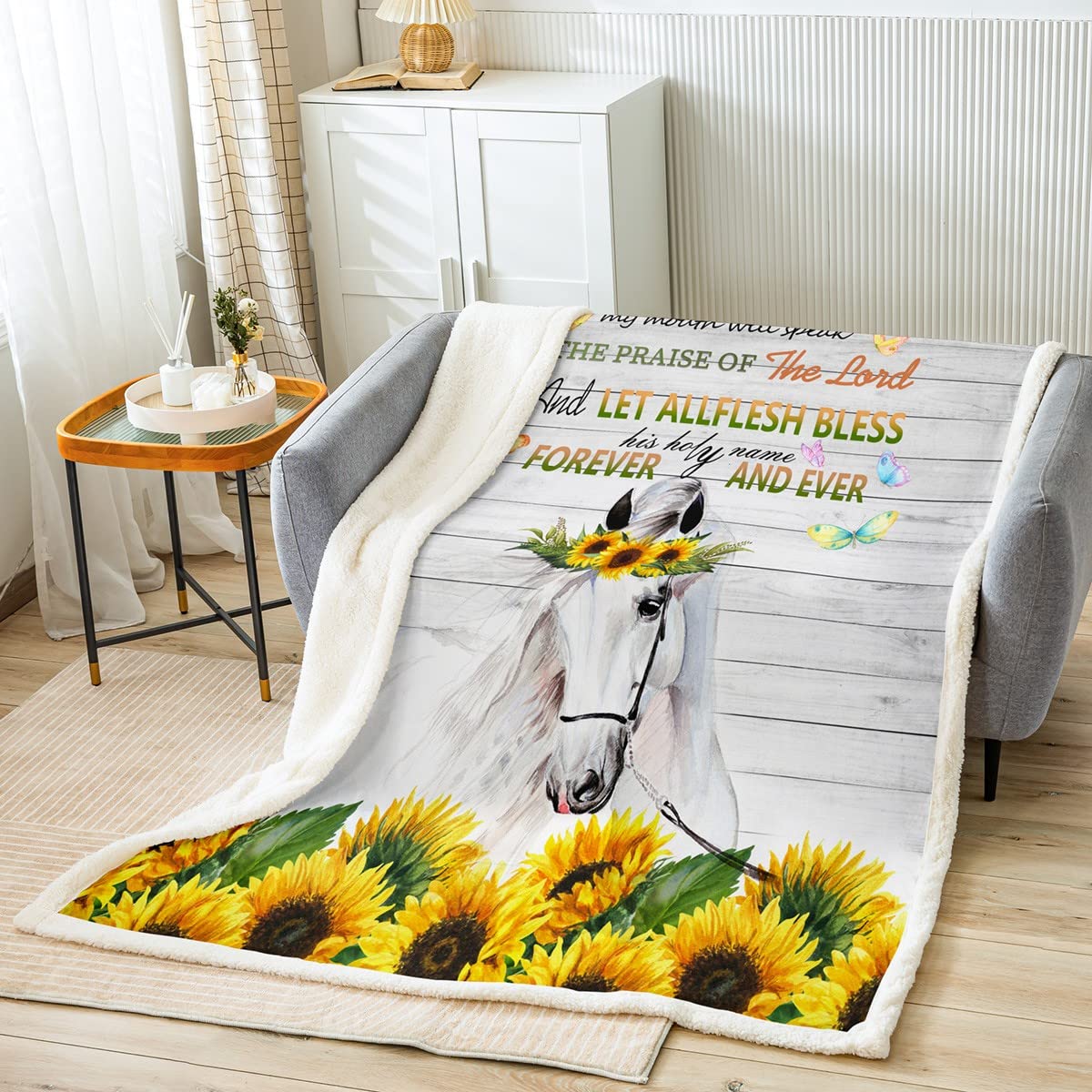 White Horse Fleece Throw Blanket Sunflower Horse Sherpa Blanket for Kids Boys Girls Wild Animal Plush Blanket Botanical Floral Fuzzy Blanket for Sofa Bed,Single 50x60 Inch