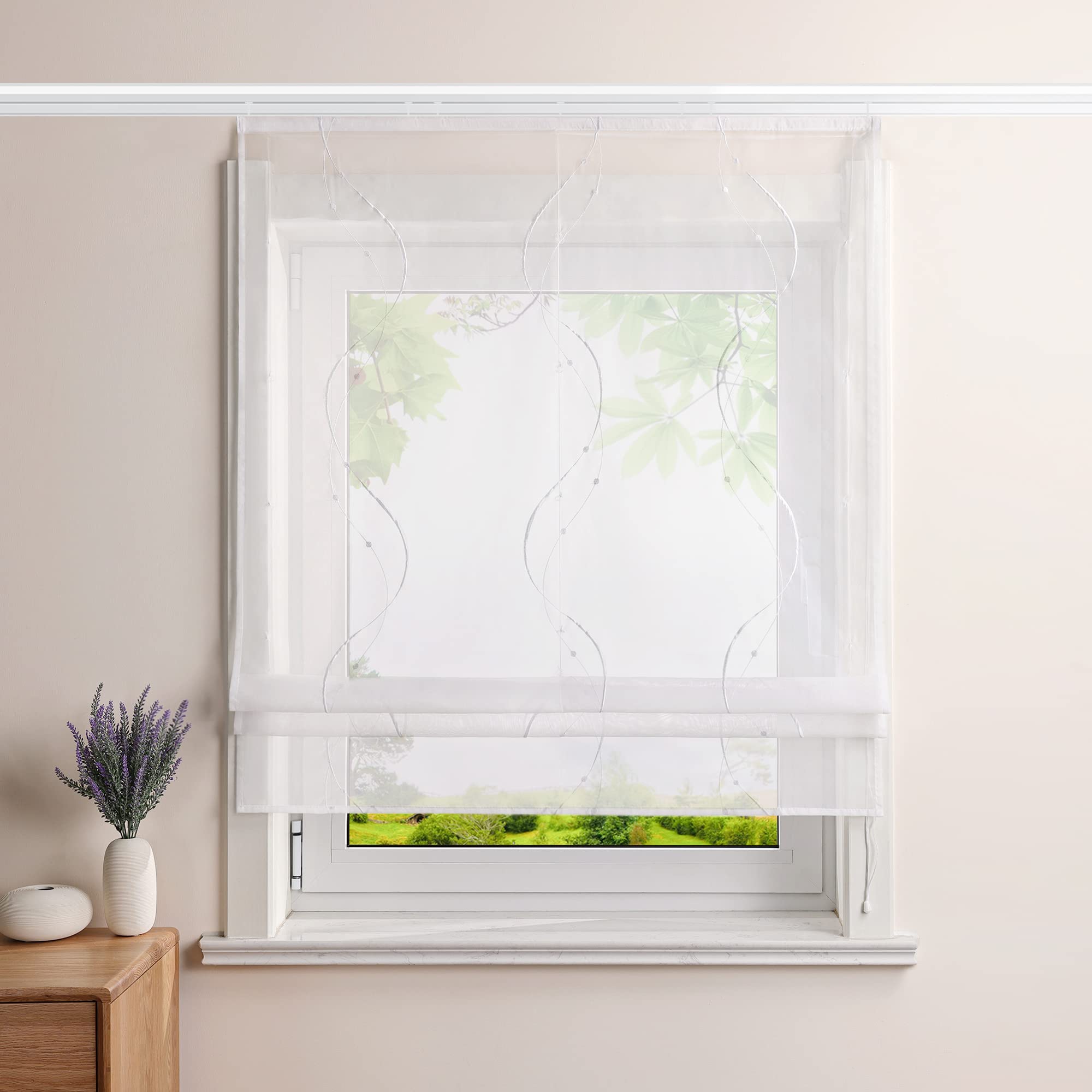 Heichkell Roman Blind, Transparent Polyester, Embroidery, White, 100 x 140 cm