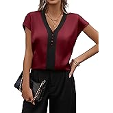 Fayenne Womens Tops Dressy Casual V Neck Color Block Short Sleeve Blouse Business Casual Tops Satin Silk Work Summer Shirt
