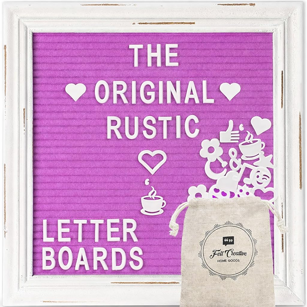 Felt Letter Board with Rustic White Wood Farmhouse Vintage Frame and Stand by Felt Creative Home Goods | Changeable Message Board Includes 350 White Alphabet Letters (Lilac, 10x10 Inches)