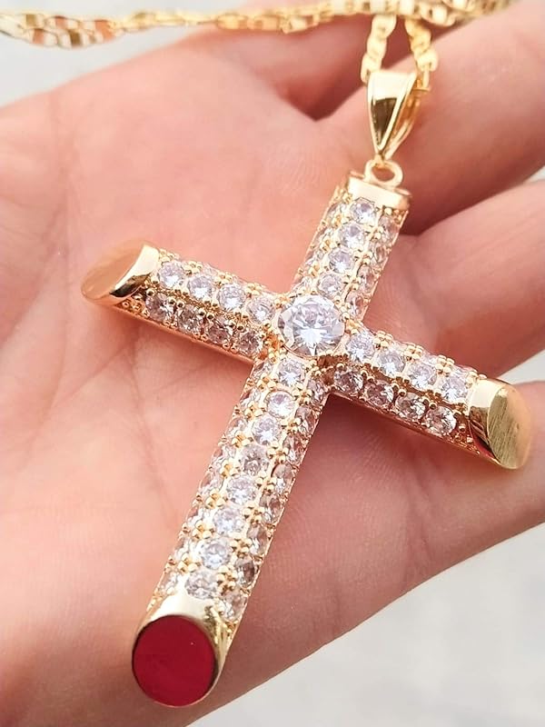 Cadena + Dije Cruz Grande con Cristal en Oro Laminado 14k. Cadena de 24