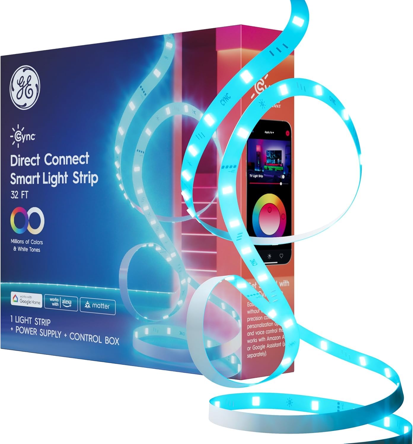 Photo 1 of ***This package is damaged.**GE Cync Smart LED Strip Light, Color Changing Room Decor LED Light Strip, Works with Alexa and Google Home, Matter Compatible, LED Lights for Bedroom, Millions of Colors and White Tones, 32 Feet