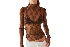 Ugerlov Women's Long Sleeve Mesh Top Mock Neck Sheer Blouse See Through Floral Lace Tops