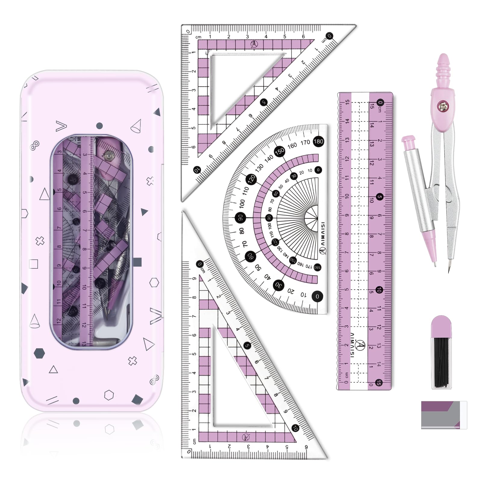 Maths Set | Compass Maths Protractor and Compass Set | Triangle Ruler Protractor Rubber Pen Geometry Sets with Storage Tin | Maths Sets for Secondary School (7Pcs Purple)