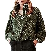 Yioaga Fuzzy Fleece Jacket Women Long Sleeve Half Button Down Top Casual Sherpa Pullover Sweatshirt Warm Winter Outerwear(Dark-Green,M)