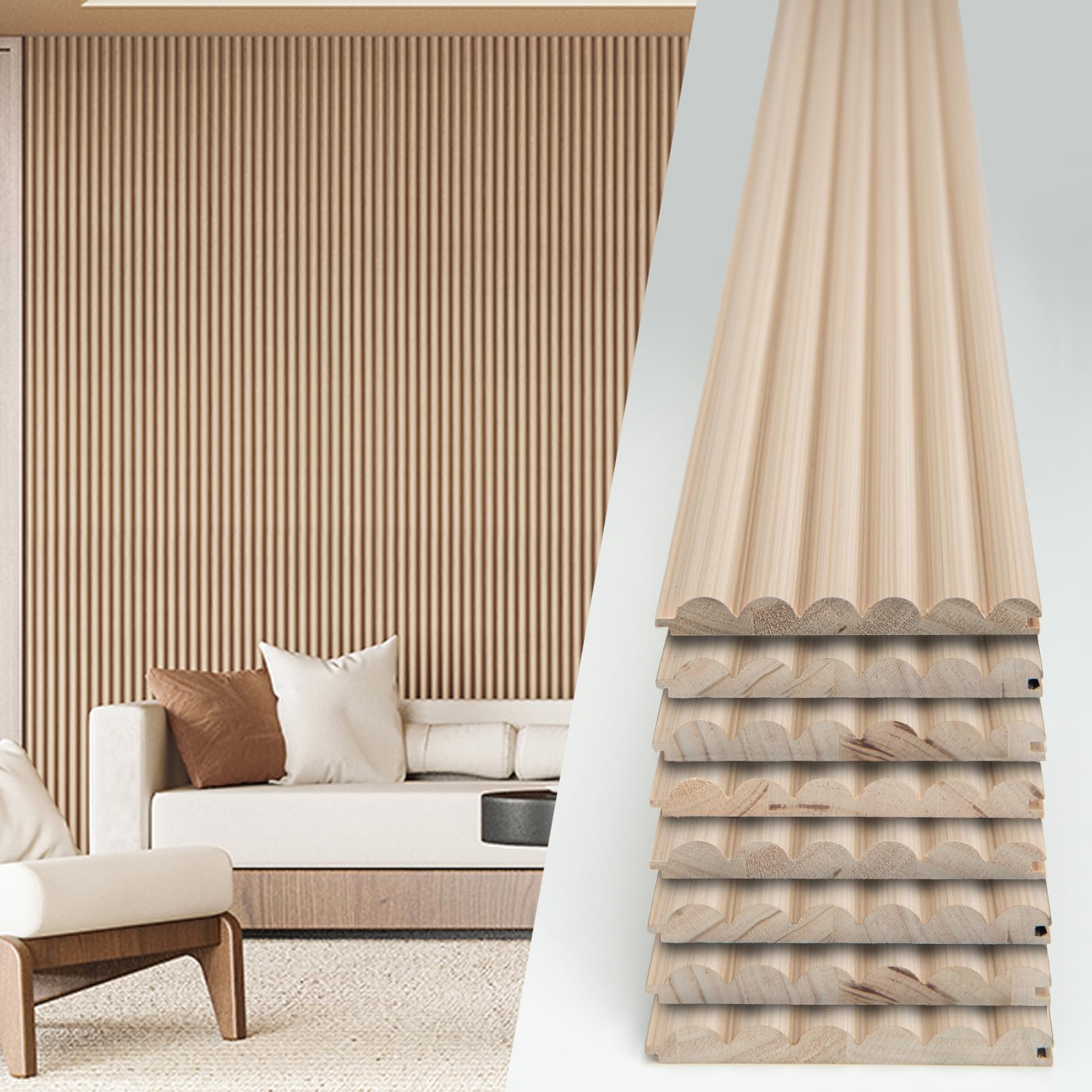 Photo 1 of Art3d Fluted Wood Panel - 108 x 5.7 x 0.7in for Wall & Ceiling, Beaded Accent Molding for Home Decoration, Pack of 8pcs + 1pc End-Trim, Beaded Ashtree