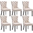 KCC Velvet Dining Chairs Set of 6, Upholstered High-end Tufted Dining Room Chair with Nailhead Back Ring Pull Trim Solid Wood Legs, Nikki Collection Modern Style for Kitchen, Beige