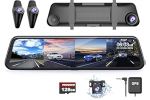 PRUVEEO 12'' Rear View Mirror Camera,360 View 4 Channel Mirror Dash Cam Detached Camera for Cars，FHD1080Px4,Dash Cam Front and Rear Side(Left,Right),Night Vision,GPS,Parking Monitor,Free 128GB Card