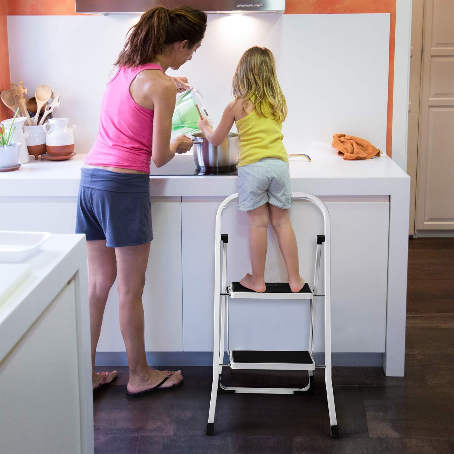 Acko Step Stool-2 Step Step Ladder for Adults with Handgrip and Anti-Slip Wide Pedal.Multi-Use for Household and Office Portable Compact Small Step Ladders Hold up to 300lbs Steel - - 