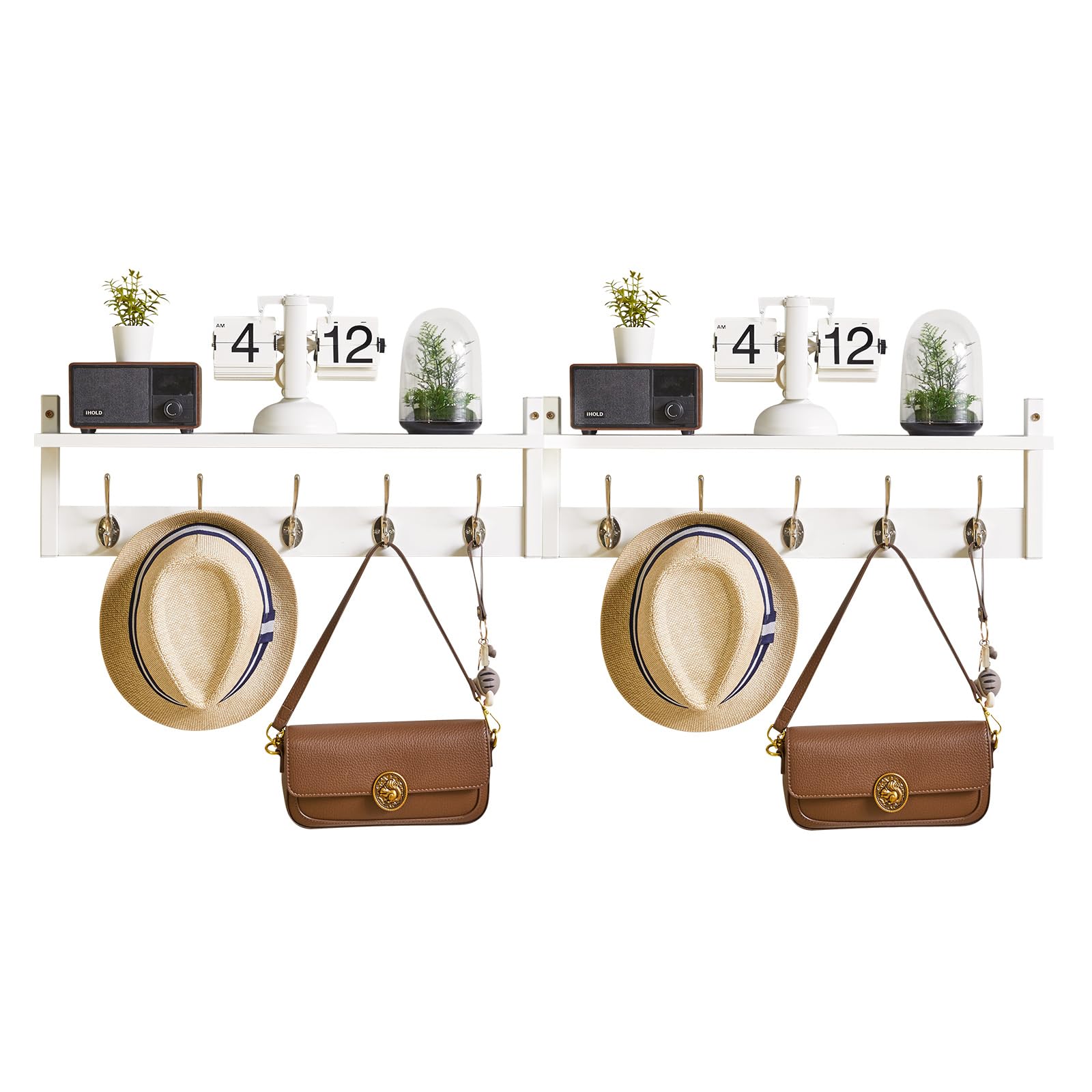 YMYNY Coat Hooks Wall Mounted with Shelf - 2 Pack Coat Rack Wall Mounted with 10 Double Hooks - Wooden Wall Coat Rack Jacket Hanger for Entryway, Hallway - White, HWS004W-2