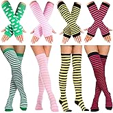 Ibeauti 8 Pcs Womens Striped Knee High Socks Stockings Y2K Goth Knitted Long Arm Warmer Fingerless Gloves Set