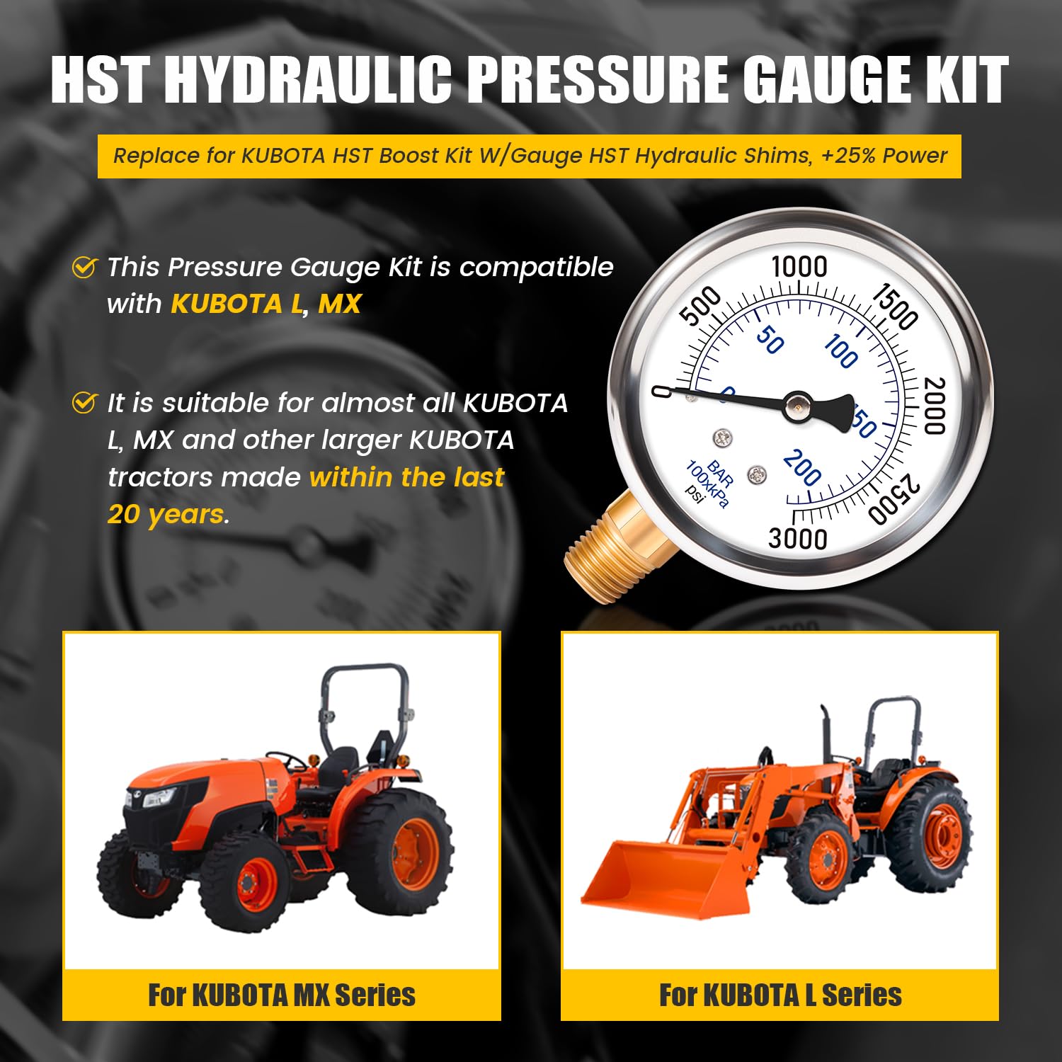 Condition photo showing New/Like New for enhanced hydraulic pressure boost kit w/gauge fit for kubota lx, mx, l series tractors, with hst shi