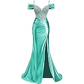 ForElise Crystal Satin Prom Dresses 2026 Off Shoulder V Neck Mermaid Prom Dress