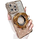 AuroiCCY Magnetic Ring Stand Glitter Case Cover for iPhone 16 Pro Max, (Compatible with Magsafe) Luxury Bling Diamond Rhinestones Cover with Camera Lens Protector for Women Girls,Gold