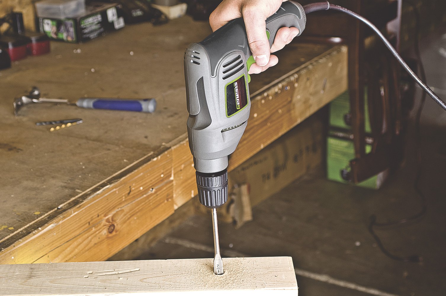 Genesis 4.2 Amp Corded Drill Variable Speed Reversible Electric with 3/8-Inch Keyless Chuck, Belt Clip, Rubberized Grip, Lock-On Button and 2 Year Warranty (GD38B)
