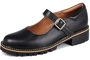 Sailimy Women's Leather Oxford Mary Janes Shoes Flats Chunky Low Heels Platform Sewing Retro Classics Round Toe Ankle Strap