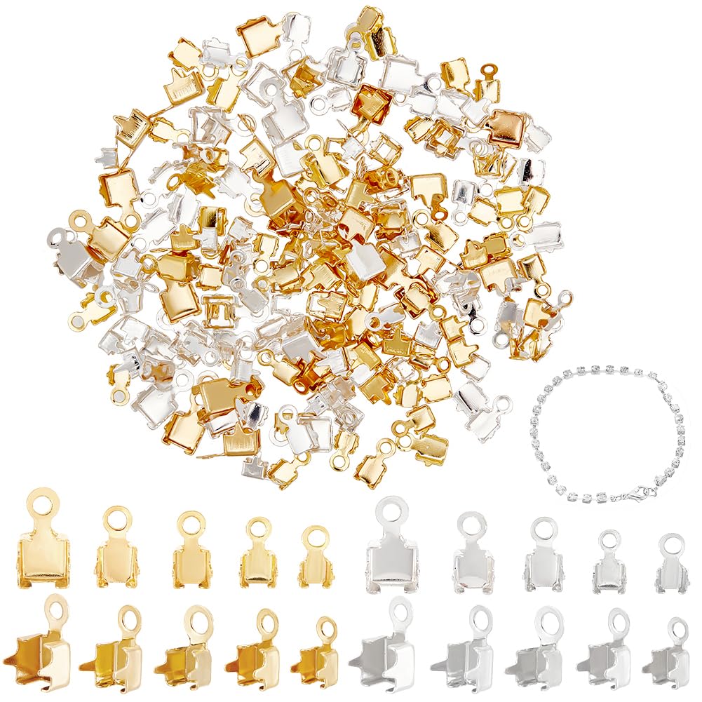 PH PandaHall 200pcs 5 Sizes 18K Gold Plated Cup Chain Ends Rhinestone Connector Claw Settings Cup Chain Connector Crimp Cord Ends Tips Terminators with Loop for Bracelet Jewelry Making, Gold Silver