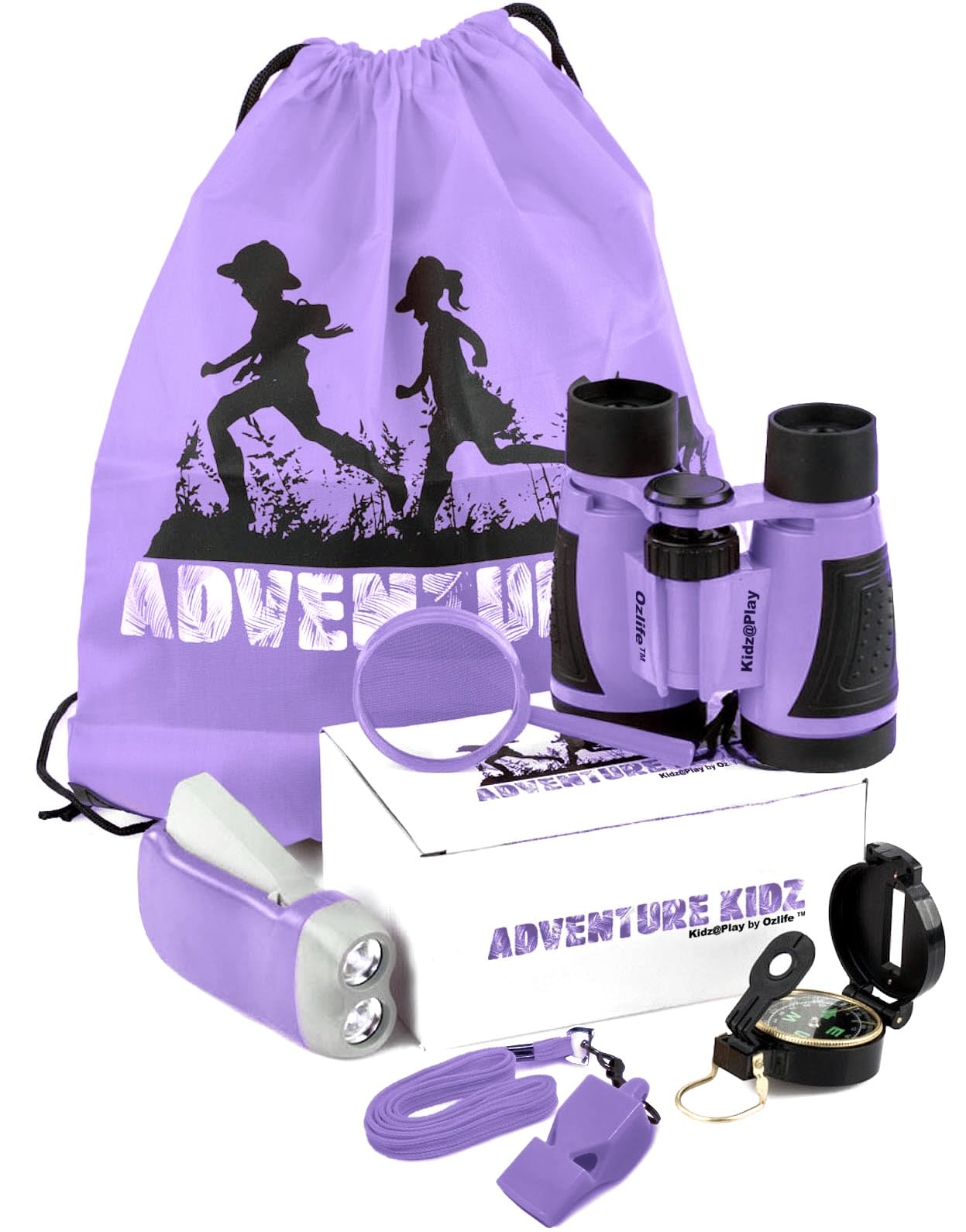 Adventure Kidz Outdoor Exploration Kit, Children’s Binoculars, Flashlight, Compass, Fox Whistle, Magnifying Glass, Backpack. Great Gift Set for Educational, Pretend Play, Ages 3+ Boys Girls (Purple)