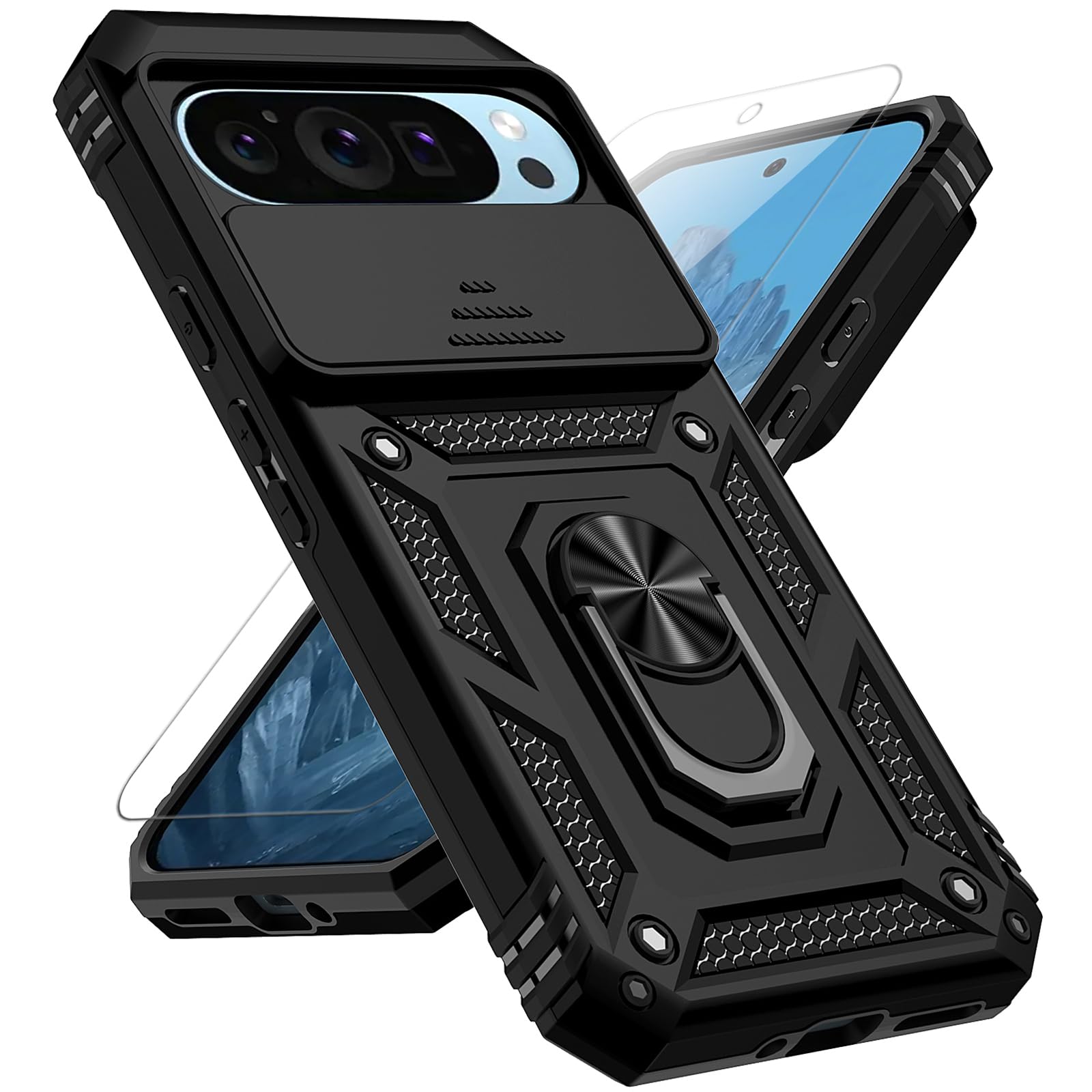 for Google Pixel 10 Pro XL Case: with Slide Camera Cover HD Screen Protector [Military Grade 16ft. Drop Tested] Magnetic Ring Holder Kickstand Protective Phone Case for Google Pixel 9 Pro XL, Black