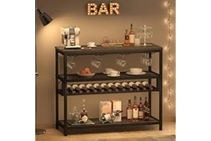 LVB Wine Rack Table, Wine Bar Table Freestanding Floor, Rustic Bar Cabinet with Wine Shelf and Glass Holder, Wood and Metal Modern Wine Cabinet for Home Bar with Bottle Rack, Dark Gray Oak, 40 in