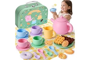 Golray Silicone Tea Sets for Toddlers 3-5, 22pcs Washable Tea Party Set with Storage Box/ Picnic Cloth, Pretend Play Kitchen Accessories Birthday Gifts Girls Toys for Kids 3 4 5 6 Years Old