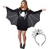 Jadive 2 Pcs Halloween Spider Dress Women Long Sleeve Web Wings | Funny Print Dress with Web Headband, Cold Shoulder Bat Sleeves, Ideal for Costume Party and Themed Celebrations