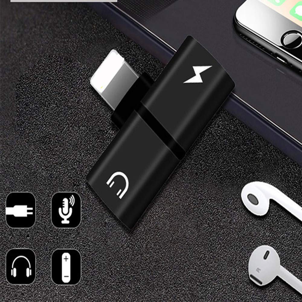 2 in 1 Dual Ports Splitter Adapter, AukCherie Headphone Jack Adapter for Headphone Audio & Charge Adapter for iPhone 7/7 plus/8/8 Plus/X(Black)